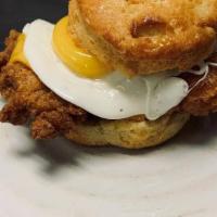 Chicken & Egg Sandwich · crispy chicken, bacon, sunny-side up egg, American cheese, caramelized onion, poppyseed roll...