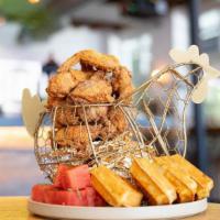 Chicken & Waffles · cheddar cheese waffle, spiced watermelon -available gluten free-