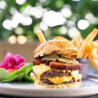 The Great American Burger · short rib, brisket, and chuck blend, double patty, house-smoked pork belly, American cheese,...