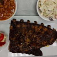 1/2 Slab St Louis Ribs · Choice of 2 sides, cornbread or Texas toast, garden pickles, and sauce.
