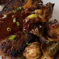 Bbq Meatloaf · mashed potatoes, charred brussels sprouts, honey thyme butter