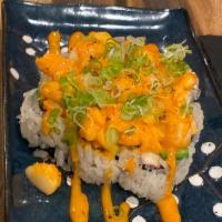 Baked Scallop Roll · Spicy. Crab meat and avocado wrapped in scallop and masago and sprinkled with spicy mayo and...