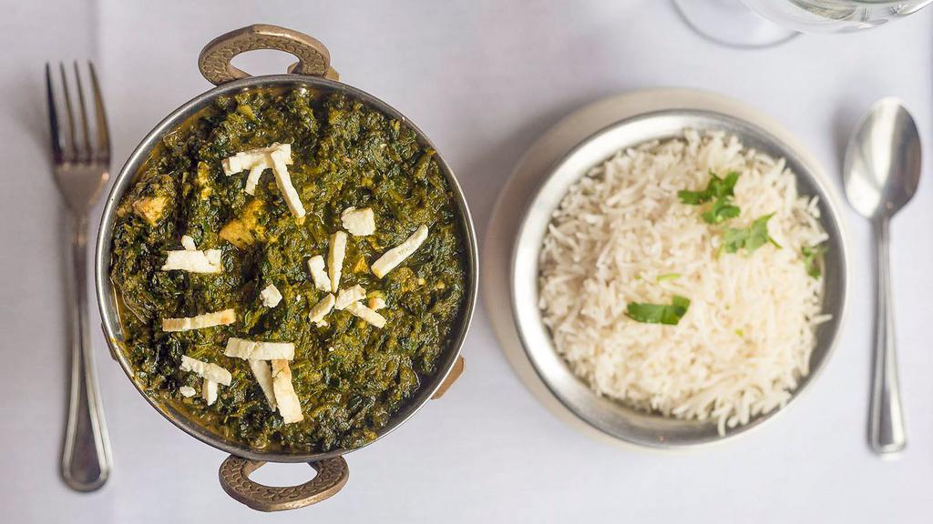 Saag Paneer · A combination of spinach and freshly made curd cheese cooked with fresh cream in a medium sauce.