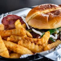 The Krave Burger · Single patty burger w/ bacon, cheese, sautéed jalapeños and onions, homemade guacamole, and ...