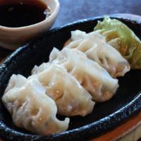 Gyoza · Pan-seared dumplings (four pieces pork and one piece vegetable).