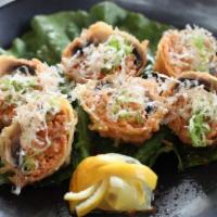 Monkey Balls · Tempura fried mushrooms stuffed with cream cheese and spicy tuna, topped with bonito flakes ...