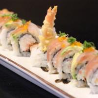 Wonderful Albacore Roll · In: shrimp tempura, krab mix and top: albacore, avocado, green onion, masago, ponzu.