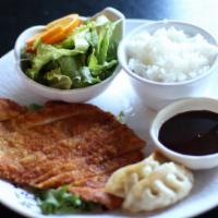 Chicken Katsu Plate · Sliced, panko fried chicken cutlet, served with miso soup, house salad, steamed rice and two...