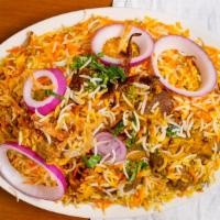 Hyderabadi Mutton Dum Biryani · Basmati Rice cooked with Fresh Baby Goat on Dum over slow heat marinated with fresh herbs, s...