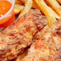 Chicken Strips (5) · Five all-natural chicken strips served with your choice of crispy french fries or tater tots...