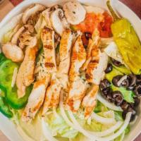 Grilled Chicken Salad · Lettuce, tomato, black olives, mushrooms, green peppers, cheese and grilled chicken.
