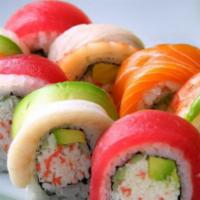 Rainbow Roll · In: California roll. 
Out: tuna, salmon, shrimp, red snapper.