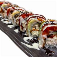 Boss Roll(Vegan) · in:Tofu crabmeat, cucumber, avocado
out: vegan tuna, avocado, Tempura Flake, vegan sauce