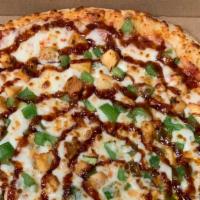 Bbq Chicken Pizza · Grilled chicken breast, green peppers, onions, mozzarella cheese and pizza sauce topped with...