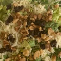 Raisins Walnut Cesar Salad · Lettuce with Parmesan, croutons and sprinkled with walnut and raisins.