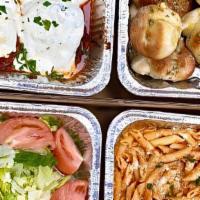 Corporate And Family Box Dinner · With your choice chicken, pasta, salad, and garlic knots!