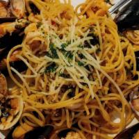 Spaghetti Pescatore · Prawns, mussels, clams, and calamari on marinara sauce.