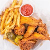 3 Wings And Fries · 3 whole wings, toast, seasoned fries,
pickles, jalepeno pepper.
