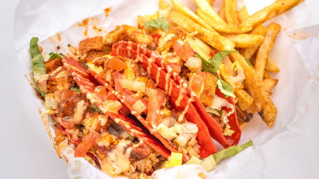 Dragon Fly Jones Tacos · Krispy Red shell, fried rice, lettuce,
Krispy cubed chicken breast, pico de
gallo, Chunky's Sauce.