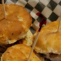Chicken & Biscuit Sliders · Hand-breaded chicken tenders on garlic Cheddar biscuits with pimento cheese, hot honey, and ...
