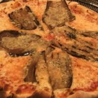 Pizza Parmigiana · Tomato sauce, mozzarella, garlic, grilled eggplant and parmesan cheese.