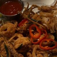 Crispy Calamari · fresh calamari, zucchini, yellow squash, Fresno, chiles, garlic & herbs, served with marinar...