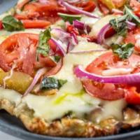 Chicken Mediterranean Pizza · Spicy tomato sauce grilled vegetables, Kalamata olives, roasted peppers, red onions, crumble...
