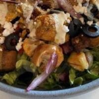 Mediterranean Salad With Chicken (Gluten-Free) · Seasoned harissa chicken, grilled vegetables topped with honey-lemon tahini dressing served ...