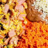 Scrambled Eggs With Ham · Served with tortillas and a side of Mexican rice and beans..