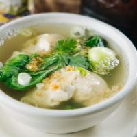 Wonton Soup · Shrimp & pork wontons in chicken broth with baby bockchoy,  green onions and cilantro.