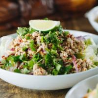 Larb Gai Salad · Ground chicken tossed with onions and cilantro in Thai vinaigrette.