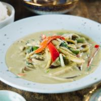 Green Curry · Choice of chicken, beef, or pork with bell peppers, coconut milk, bamboo shoots, eggplant, &...