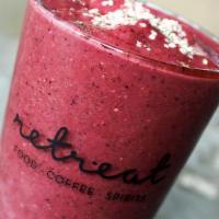 Mixed Berry Banana · Frozen mixed berries, date syrup, almond milk. Garnished with hemp seeds.