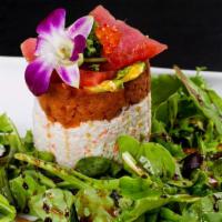 Tuna Tartare (Regular) · Spicy tuna, avocado, tobiko, imitation crab meat and sprouts drizzled with eel sauce (regula...