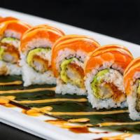 Samurai Roll · Spicy tuna, imitation crab, shrimp tempura, avocado, topped with salmon, spicy mayo and eel ...
