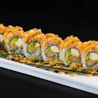 Golden Tiger Roll · In: shrimp tempura, cream cheese top: spicy imitation crab, eel sauce, spicy mayo, crunchy f...