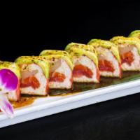 Zen Roll · In: tuna, salmon, yellowtail, imitation crab/top: avocado, soy mustard.
