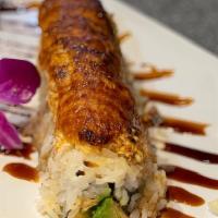 Hanabi Roll · Spicy tuna, shrimp tempura, avocado, spicy salmon, imitation crab baked with spicy mayo, top...