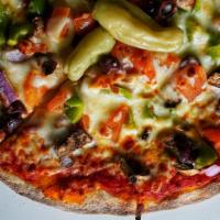 Vegetarian Pizza · Topped with tomato sauce, mozzarella cheese, tomatoes, bell peppers, olives, mushrooms and o...