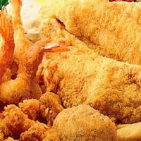 Catfish & Shrimp Combo · Comes with 3 pieces fish, 6 pieces shrimp, hush puppies and 2 sides.