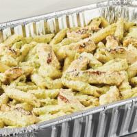 Full Tray Chicken Pesto Pasta · Serves 12-16. Grilled chicken strips on pasta with creamy basil pesto and finished with Peco...