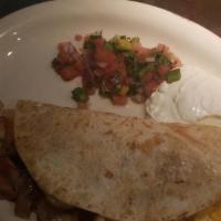 Shrimp Quesadilla · Stuffed with shrimp, cheese, and vegetables. Served with pico de gallo and sour cream.