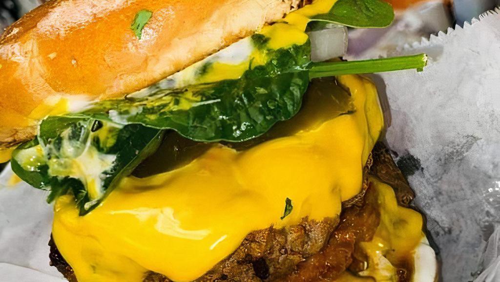 Double Burger( Two 1/2 Pound Patties) · BURGERS COME WITH MAYO, KETCHUP, MUSTARD, SPINACH, GRILLED OR RAW ONIONS, PICKLES, TOMATOES.