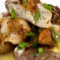 Lemon Chicken · Pan Roasted Chicken served with Garlic Mashed Potatoes and Lemon-Chimichurri Sauce