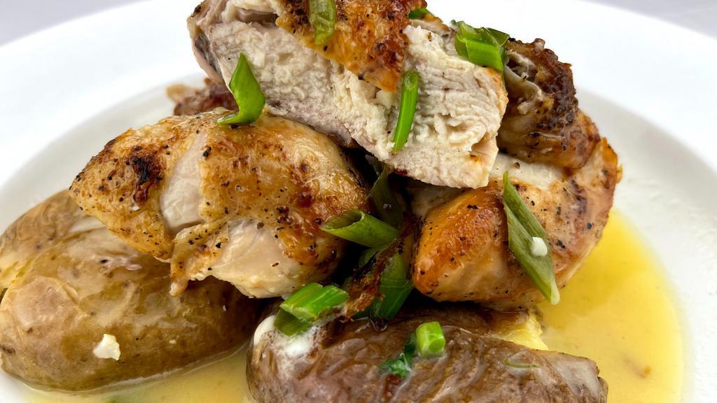 Lemon Chicken · Pan Roasted Chicken served with Garlic Mashed Potatoes and Lemon-Chimichurri Sauce