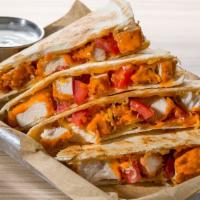 Btq - Buffalo Tender Quesadilla · Hand Breaded Tenders, Choice of Flavor, Tomato & Blend of Cheeses, Ranch for Dipping