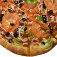 The Greek Freak Pizza · Olive oil, tomatoes, bell peppers, onions, and black olives.