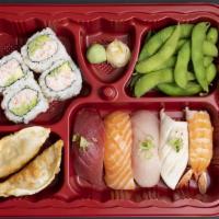 Sushi (5 Pieces) · 5 pcs sushi (Tuna, Salmon, White tuna, Yellowtale & shrimp) with California roll, 2 piece gy...