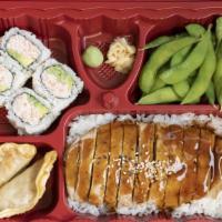 Chicken Spicy Teriyaki Bento · Chef special spicy teriyaki sauce on grilled chicken breast, with California roll, 2 piece g...