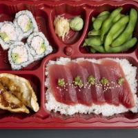 Tuna Sashimi Bento  · Fresh Tuna Sashimi (either white rice or mixed green based) with California roll, 2 piece gy...
